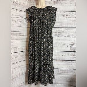J.Crew‎ Mercantile Dress Womens Size Large Black Floral Ruffle Pocket Boho Midi